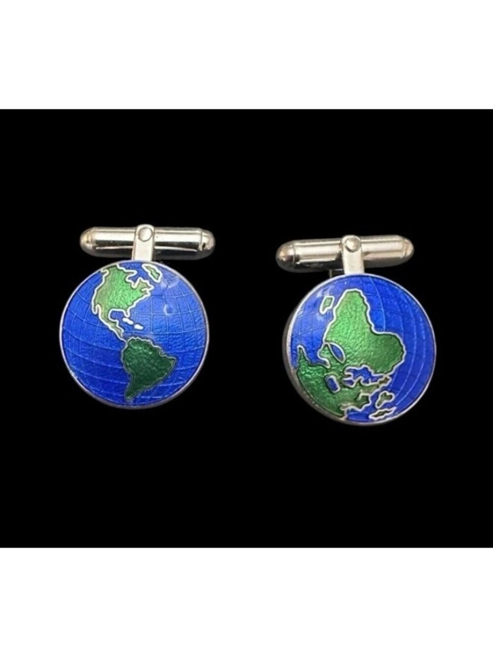 Globe Torpedo Sterling Cufflinks Silver Green Blue Enamel Ari D. Norman